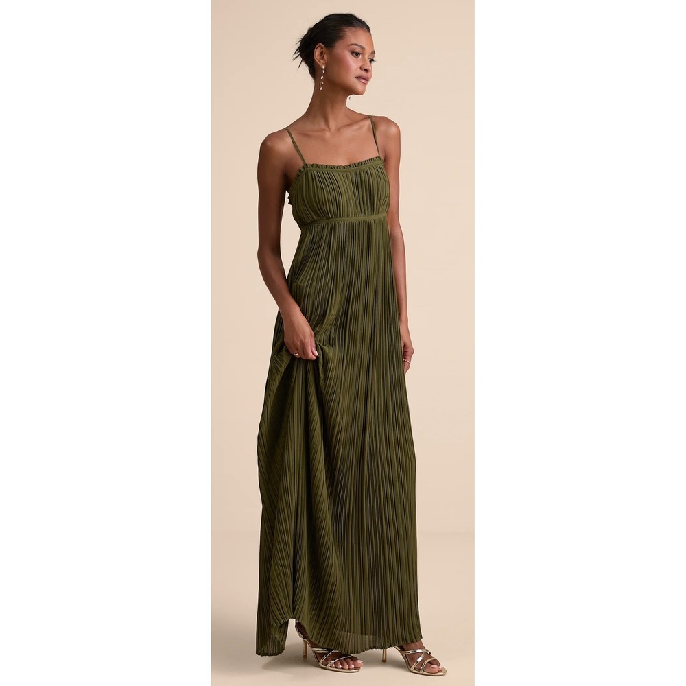 Lulus Delina Olive Green Plisse Pleated Tie-Back Maxi Dress XL